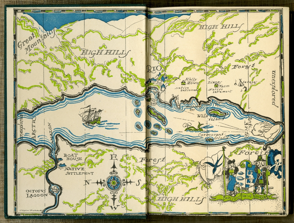 『ツバメ号とアマゾン号（SWALLOWS & AMAZONS）』1938年のランサムによる挿絵版（写真は1947年第25刷のもの）の見返しの地図