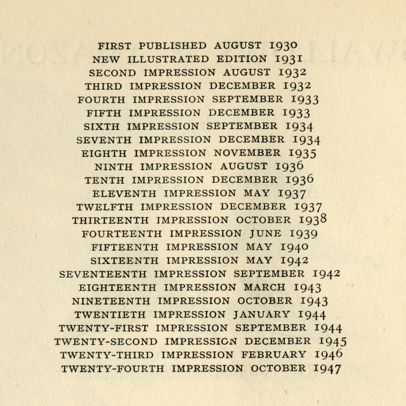 『ツバメ号とアマゾン号（SWALLOWS & AMAZONS）』1938年のランサムによる挿絵版（写真は1947年第25刷のもの） の刊記から