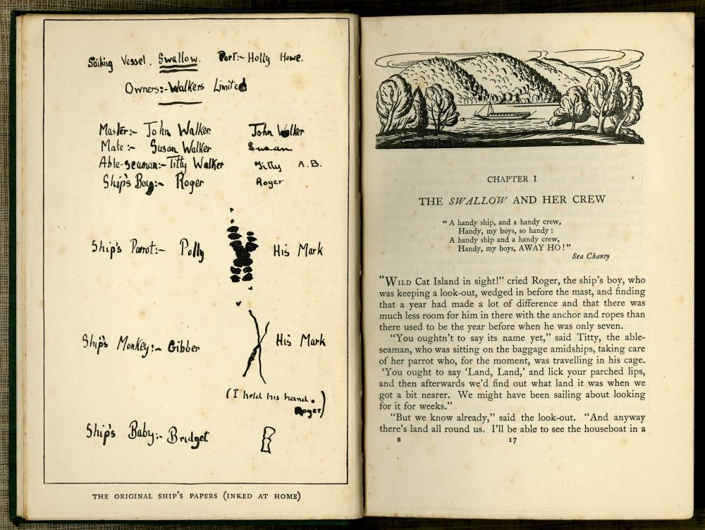 『ツバメの谷（SWALLOWDALE）』（Jonathan Cape、初版　1931年10月、写真は1933年の第4刷）のページから
