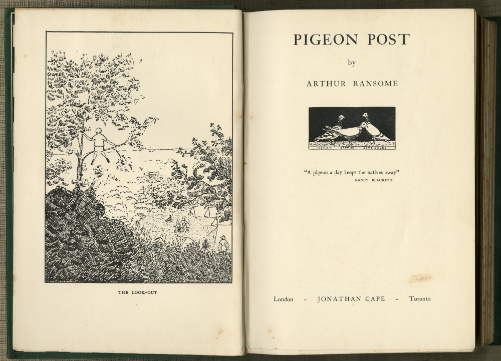 『ツバメ号の伝書バト（PIGEON POST）』（Jonathan Cape、初版1936年11月）の口絵と扉