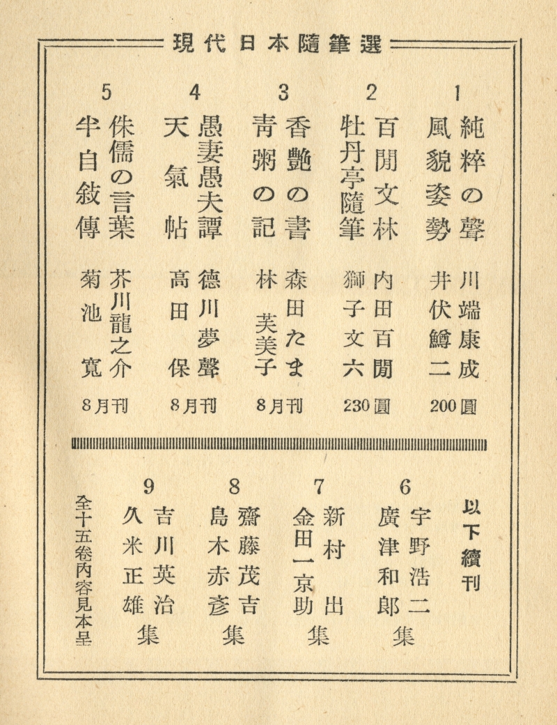 『現代日本隨筆選２』（1953年、筑摩書房）巻末の『現代日本隨筆選』続刊予定