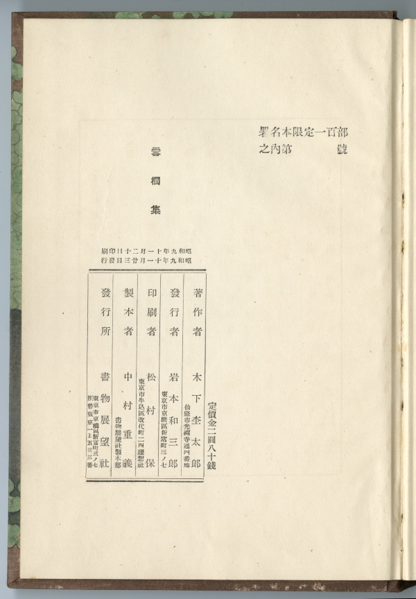 木下杢太郎『雪櫚集』（1934年、書物展望社）奥付