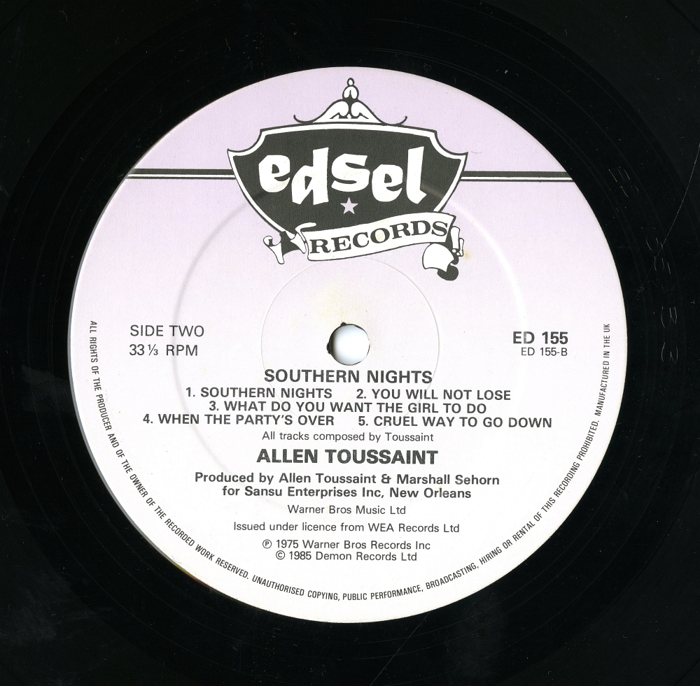 Allen Toussaint『Southern Nights』の1985年EDSEL盤のレーベル面