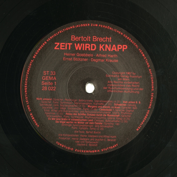 Heiner Goebbels & Alfred Harth『Bertolt Brecht: Zeit Wird Knapp』Seite 1 ラベル