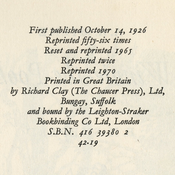 A.A.Milne『Winnie-The-Pooh』 1965年改版第4刷（1970年）の刊記