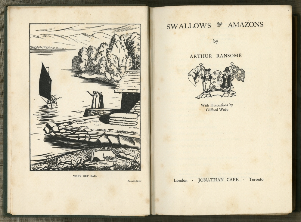 『ツバメ号tとアマゾン号（SWALLOWS & AMAZONS）』（1932年12月の新装画版第3刷、Jonathan Cape）の口絵と扉