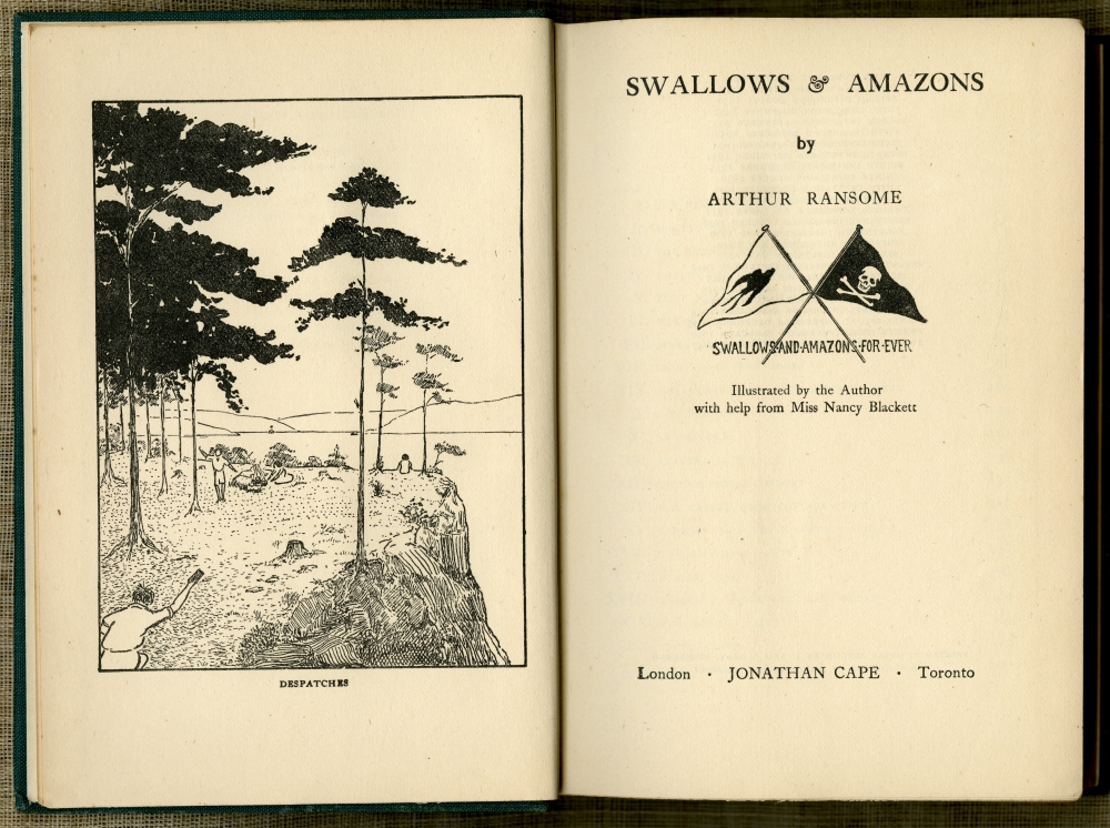 『ツバメ号とアマゾン号（SWALLOWS & AMAZONS）』1938年のランサムによる挿絵版（写真は1947年第25刷のもの） の口絵と扉