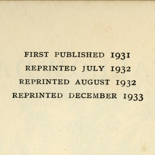 『ツバメの谷（SWALLOWDALE）』（Jonathan Cape、初版　1931年10月、写真は1933年の第4刷）の刊記から