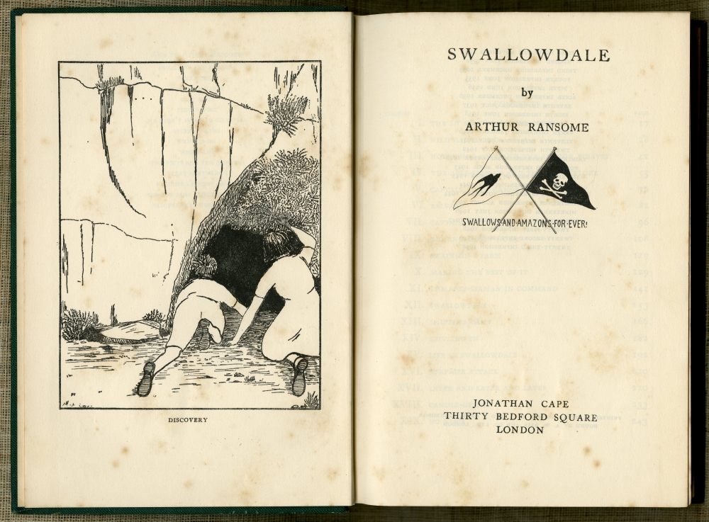 『ツバメの谷（SWALLOWDALE）』（1938年6月第8刷以降のランサム挿絵版）の口絵と扉
