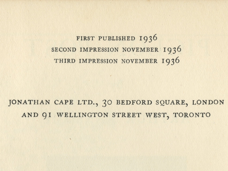 『ツバメ号の伝書バト（PIGEON POST）』（Jonathan Cape、初版1936年11月）の刊記から