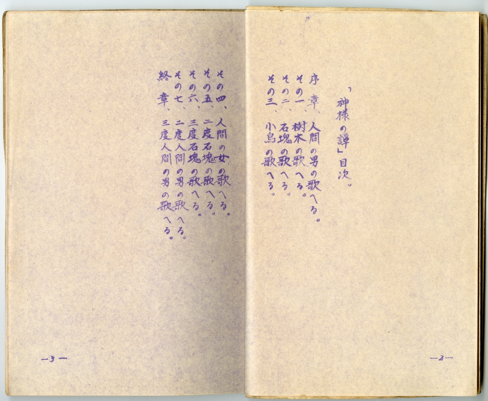 村次郎の未刊詩集『神様の譚』の圓子哲雄による筆写版の青写真版目次