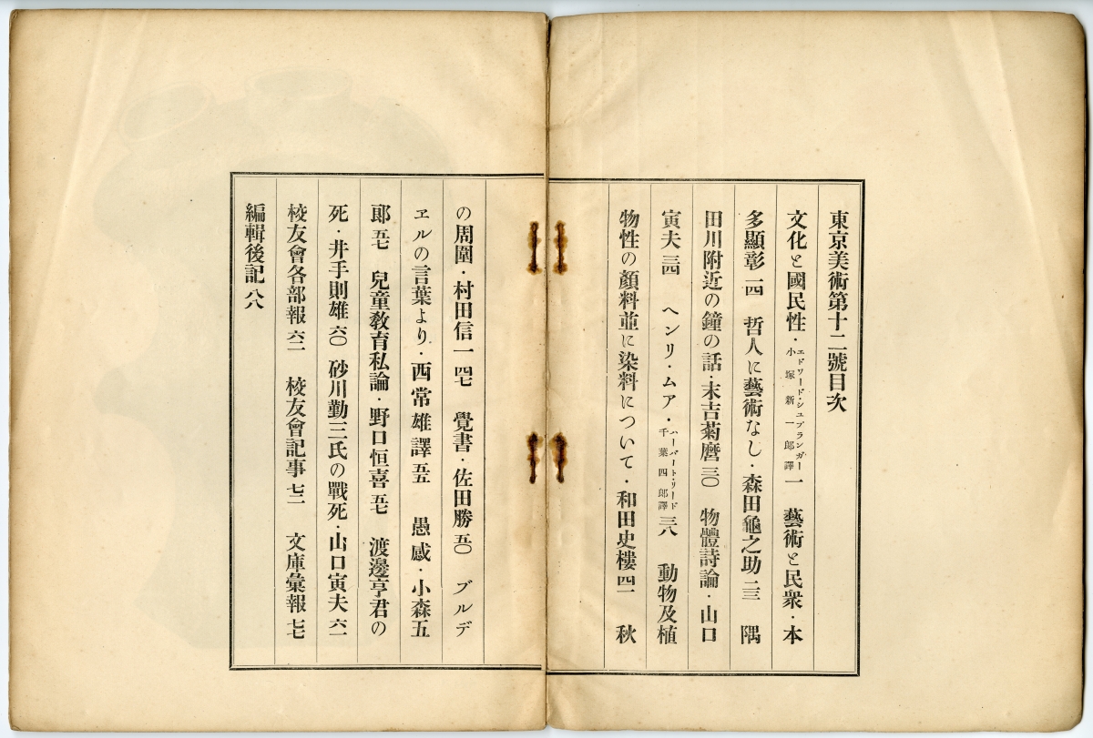 『東京美術　第十二號』（1937年12月18日発行、東京美術學校校友會）目次