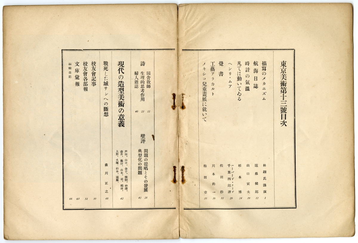 『東京美術　第十三號』（1938年2月16日発行、東京美術學校校友會）目次 