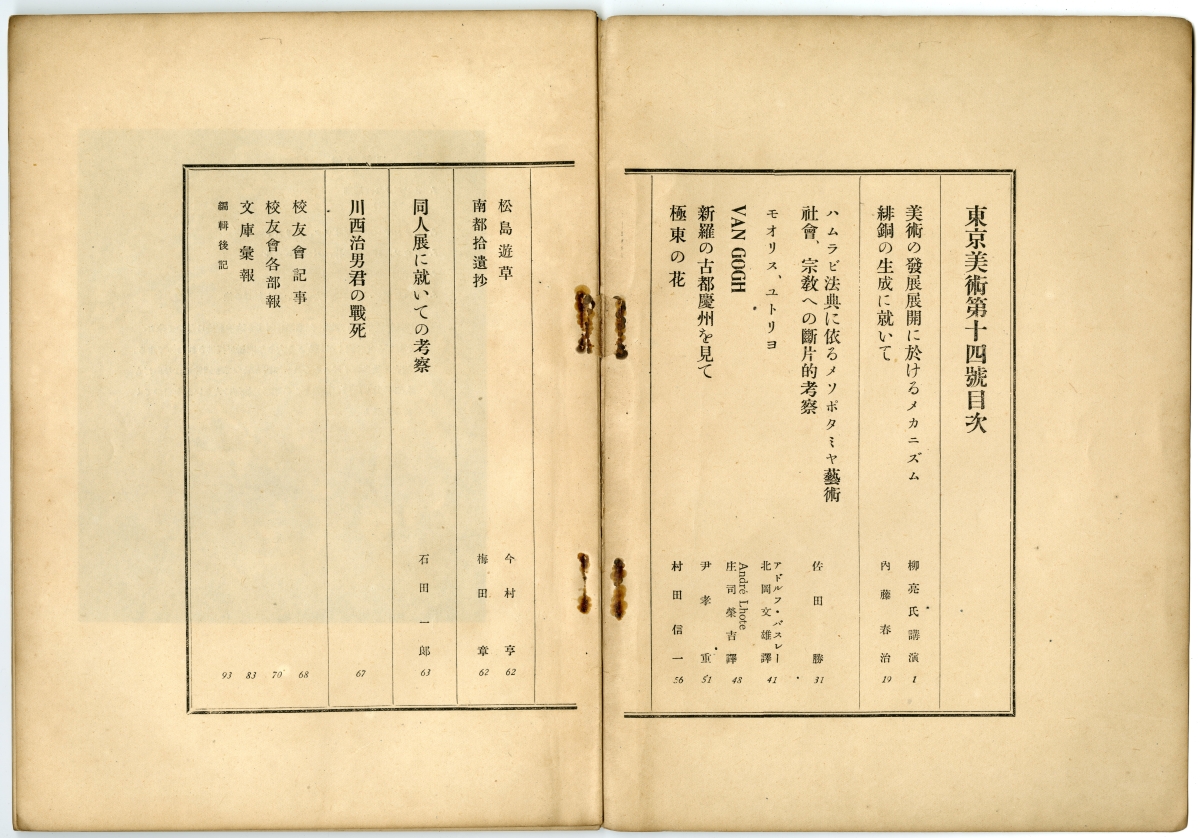 『東京美術　第十四號』（1938年7月2日発行、東京美術學校校友會）目次