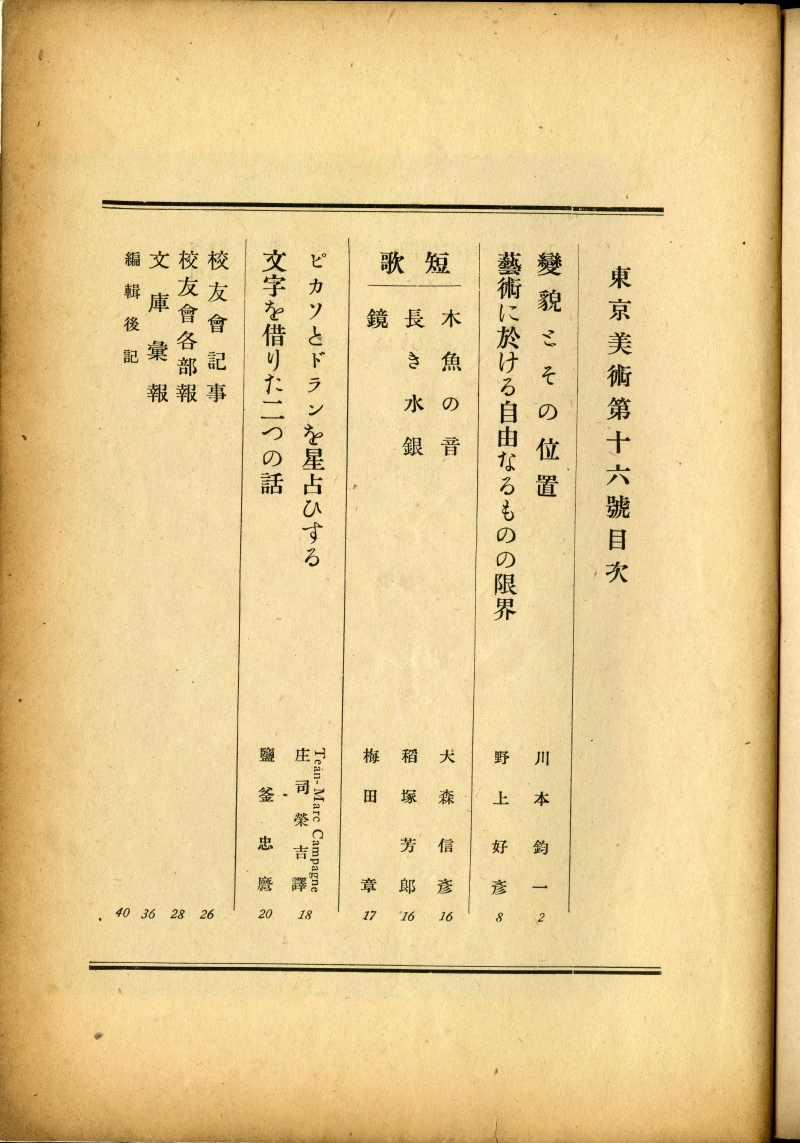 『東京美術　第十六號』（1939年2月21日発行、東京美術學校校友會） 目次