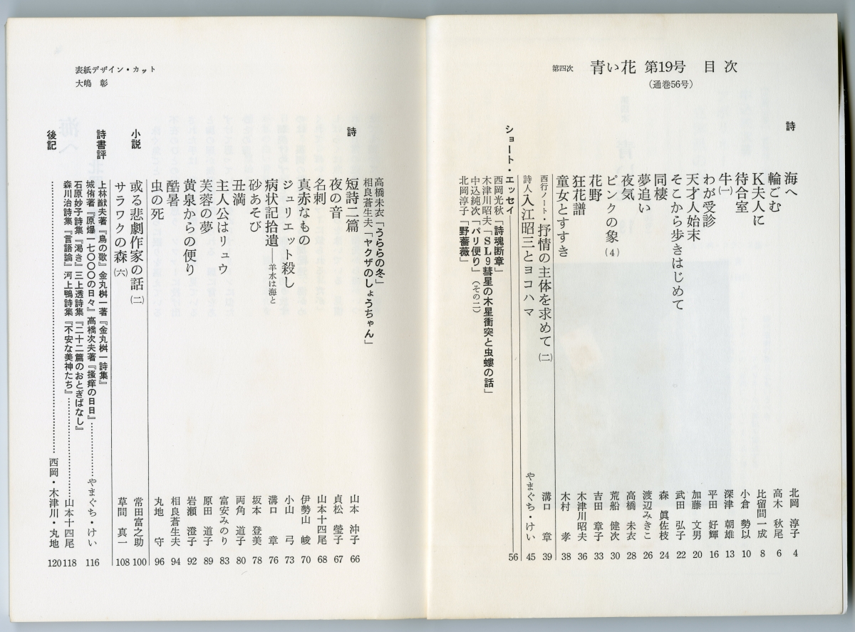 『青い花』第四次19号（1994年10月31日発行、青い花社）目次