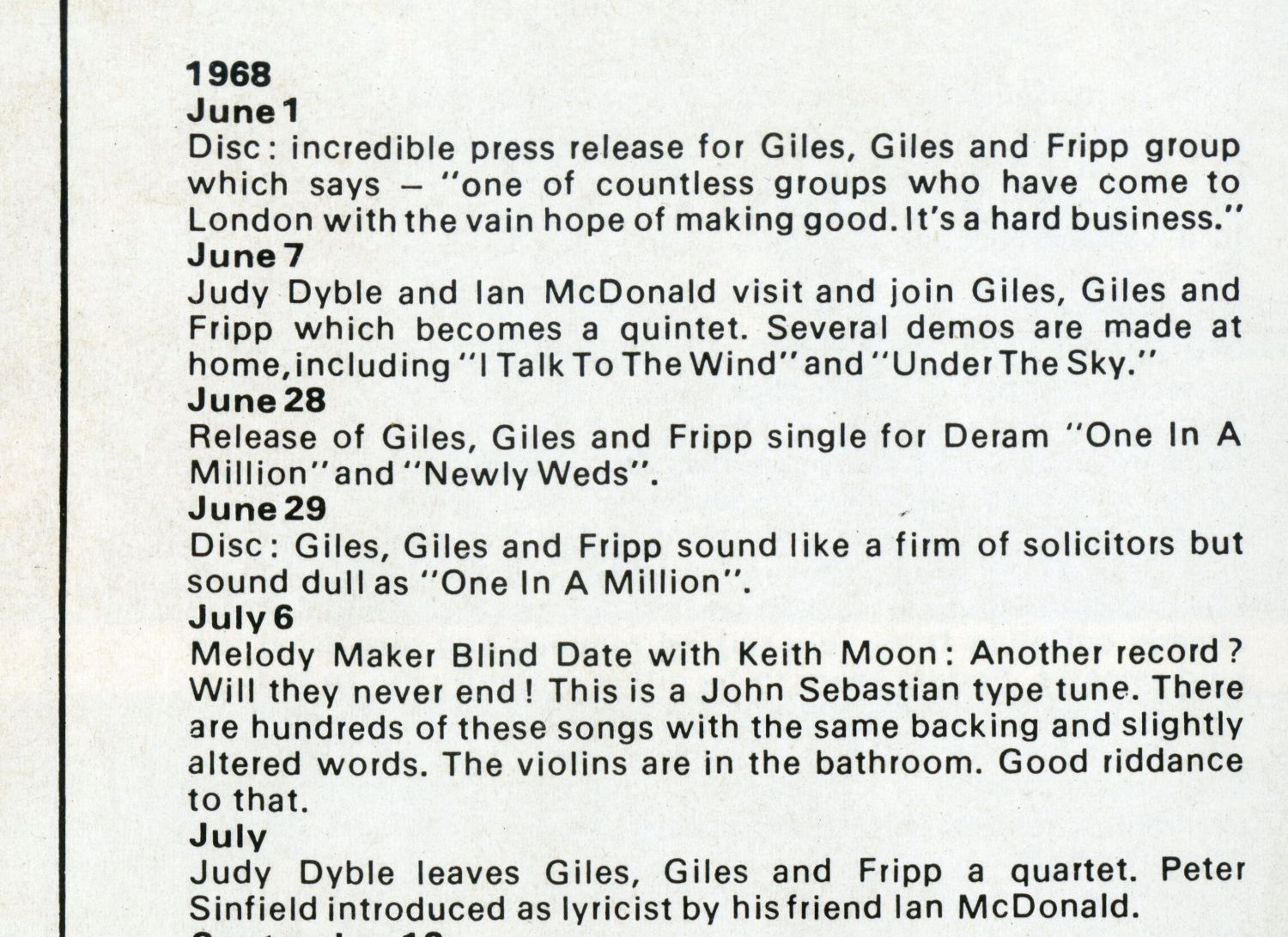 『The Young Persons' Guide To King Crimson』ブックレット収録の日誌冒頭