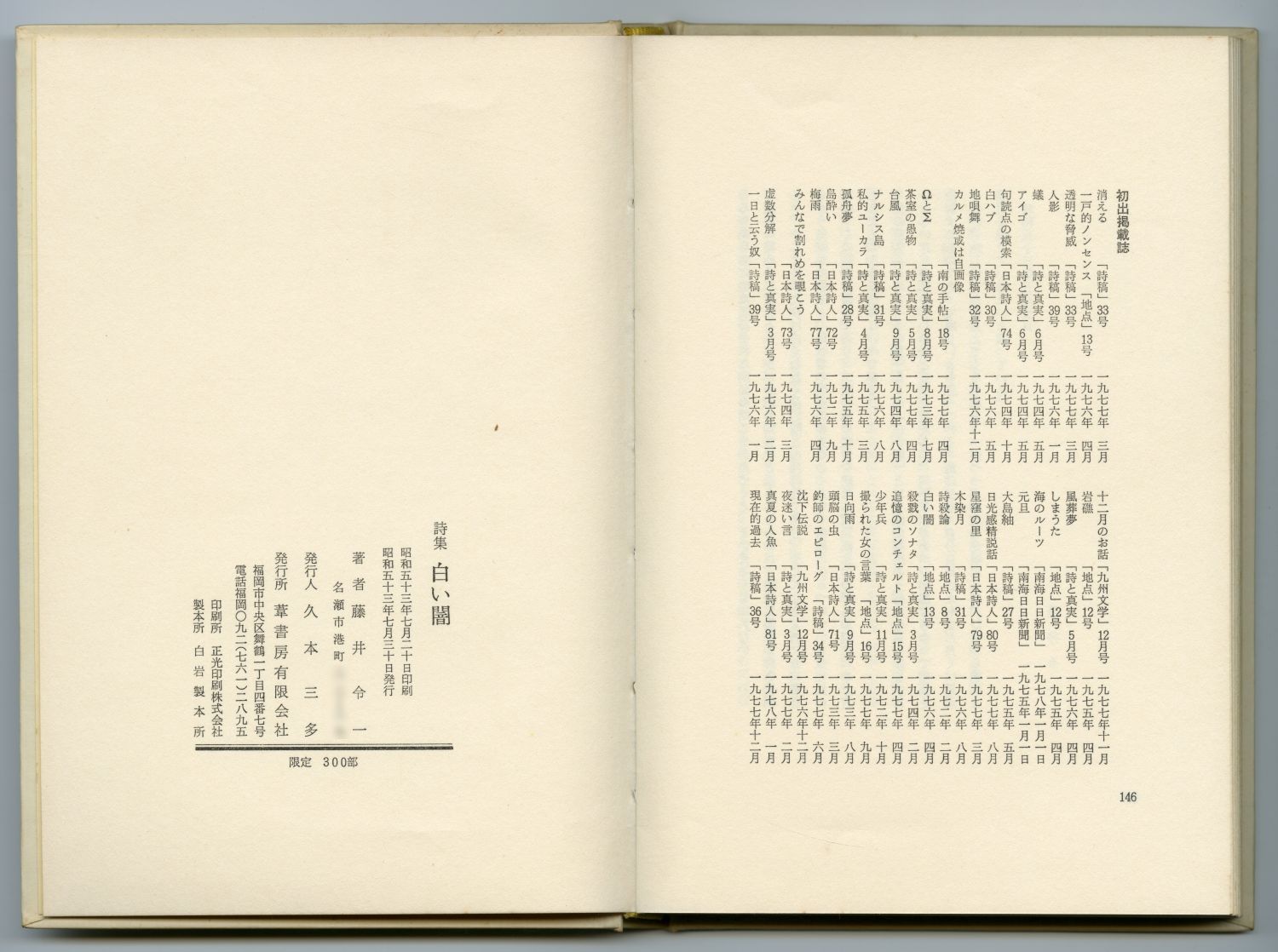 藤井令一『白い闇』（1978年、葦書房）奥付