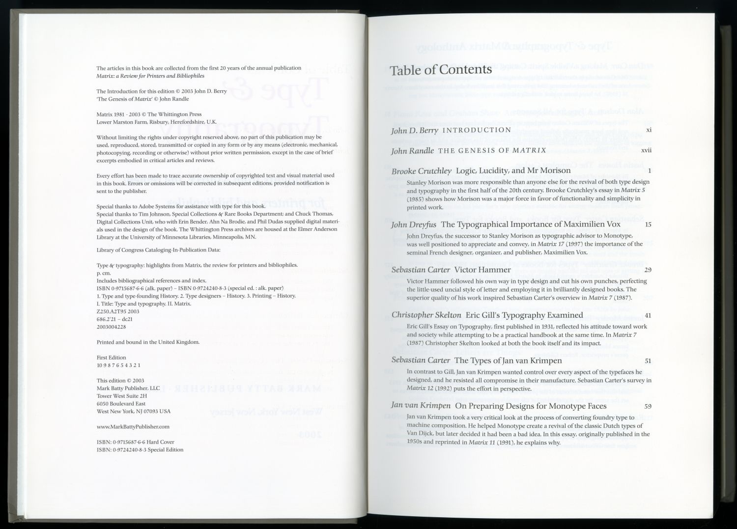 『Type & Typography』（2003年、Mark Batty Publisher）刊記と目次01