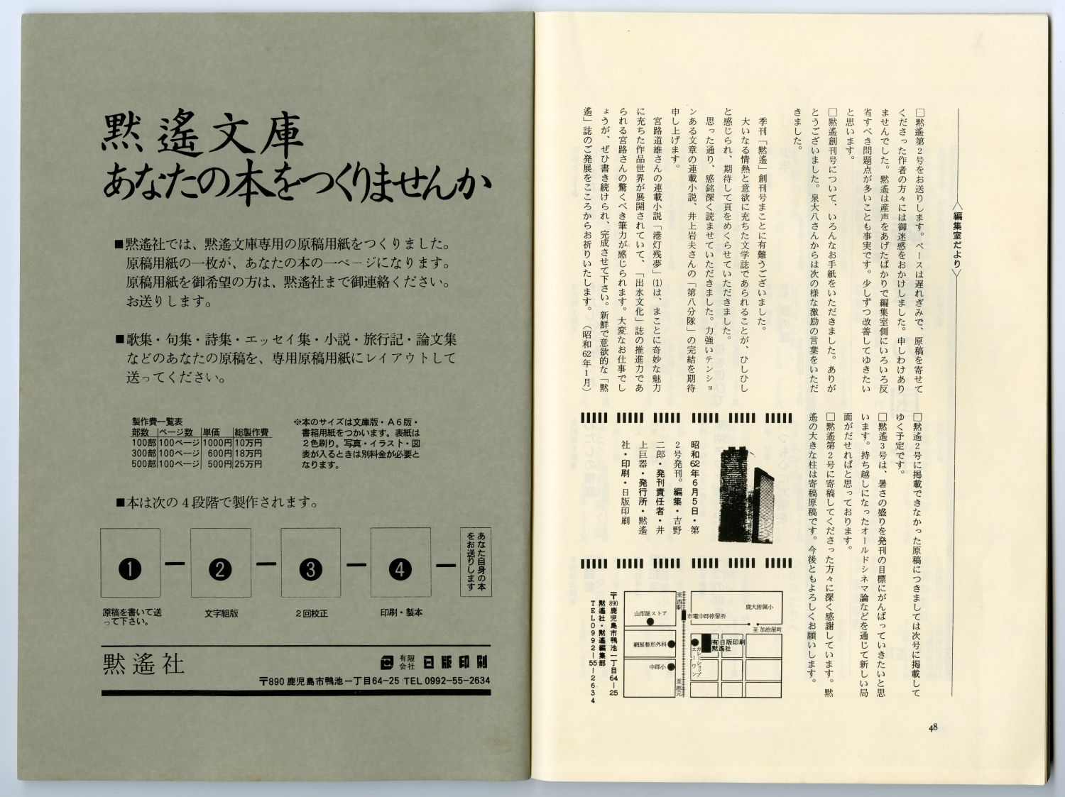 『黙遙』第2号（1987年6月、黙遙社）「編集室だより」奥付