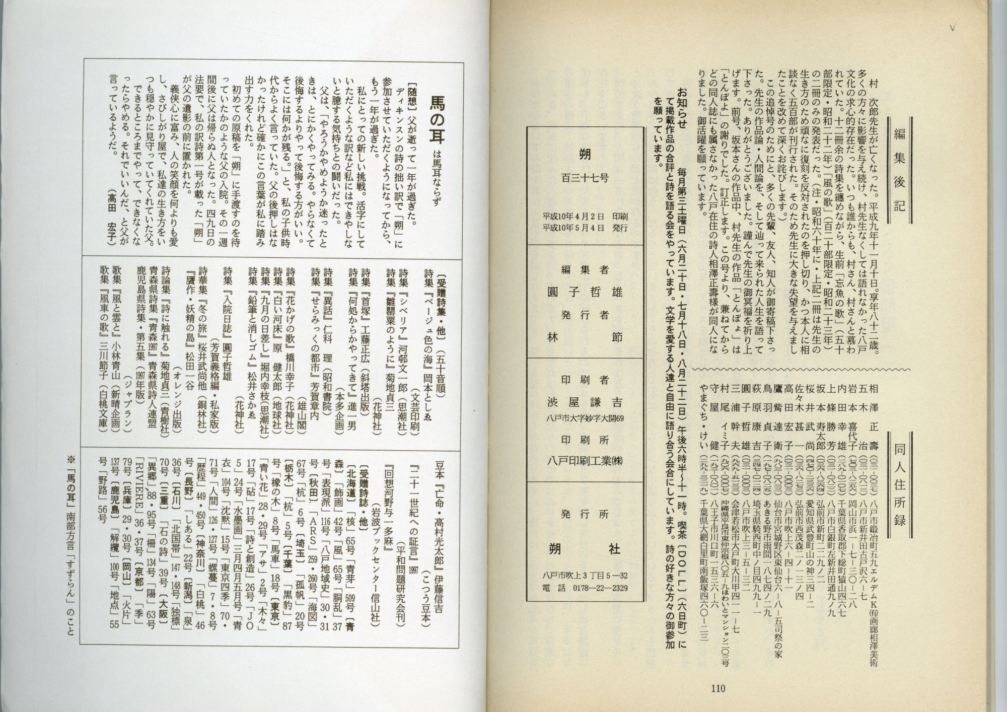 『朔』137号奥付